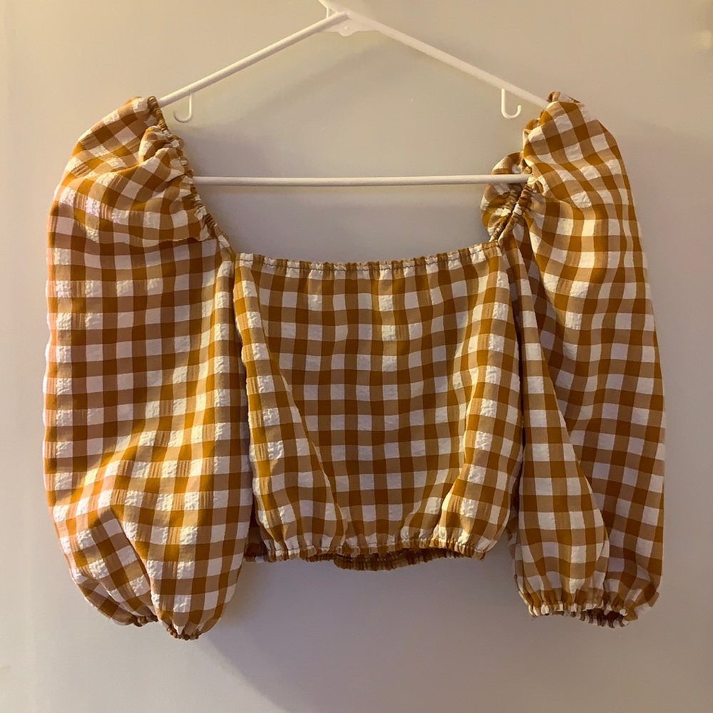 Shein gingham square neck puff sleeve blouse size M